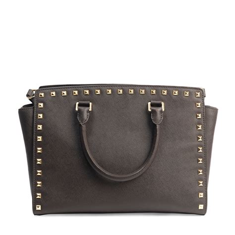 michael kors selma stud brown|Selma Saffiano Leather Medium Satchel .